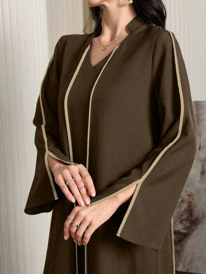 Al Najma Women's V-Neck Trim Design Slit Long Sleeve Loose Arabian Dress, Modest Elegant A Line Maxi Arabian Dresses, For Casual Daily/Homewear