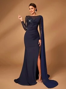 Serin Navy Blue Spring Elegant Evening Formal Dress,Luxury Beaded Sheer Mesh Long Sleeve Slit Fish Tail Gowns With Train For Bride/Mother Of Bride Wedding - Navy Blue - View 5