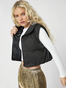 SHEIN EZwear Women's Black And White Striped Stand Collar Sleeveless Padded Padded Coat, For Autumn/Winter