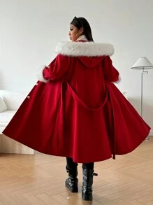 Plus Size Women Red Colorblock Hooded Elegant Christmas Overcoat Outerwear, Warm Outdoor Clothes For New Year Clothes - Red - View 1