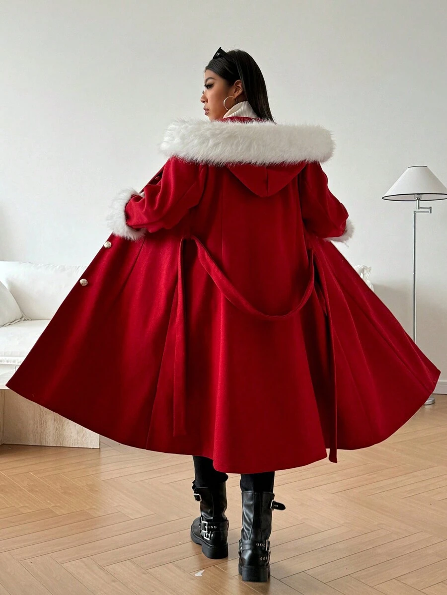 Plus Size Women Red Colorblock Hooded Elegant Christmas Overcoat Outerwear, Warm Outdoor Clothes For New Year Clothes - Red - View 1