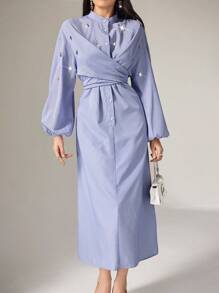 Heiryn 女士纯色立领灯笼袖收腰扭腰休闲中长连衣裙，秋季 - 藍色 - 查看 5