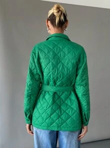 SHEIN Essnce Women Forest Green Padded Coat With Belt,Winter Casual Occasion Quilted Jacket,Warm Long Fleece Shacket,Windbreaker Outwear, Fall Clothes - Green - View 2
