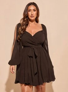 SHEIN BAE Plus Size Women's Simple Black Solid Vacation Daily Date Night Sexy Sweetheart Neck Bow Tie Wrap Slit Lantern Sleeve Sheer Thin Dress - Coffee Brown - View 6