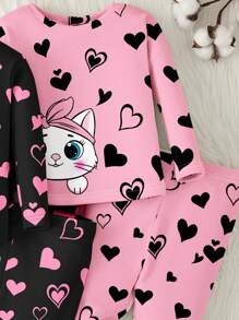 SHEIN Conjunto de ropa de estar en casa informal para niña bebé con estampado de gato en forma de corazón rosa, de cuello redondo y manga larga, con pantalón, ajustado, apropiado para otoño/invierno - Multicolor - Ver 4