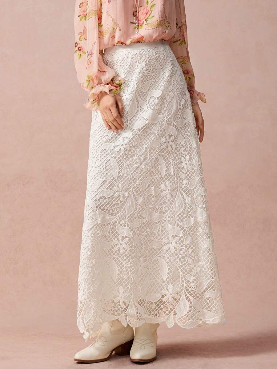 Enchnt New Autumn Winter Products, Women  Hollow Out Lace Waisted Elegant Skirt ,Fall Winter Women's Clothing, Winter Skirt,White Skirt,Fall Women Outfits,Winter Clothes,Winter Women Skirts,Christmas Women Clothes