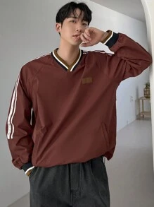 DAZY Men's Striped Patchwork Logo Pullover Hoodie, Autumn - Red - View 6