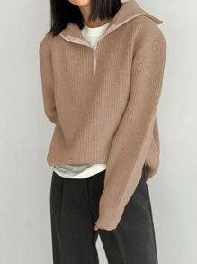 DAZY Áo len chui đầu cổ tròn màu trơn có khóa kéo cho nữ, mùa thu/đông - Lạc đà - Xem 4