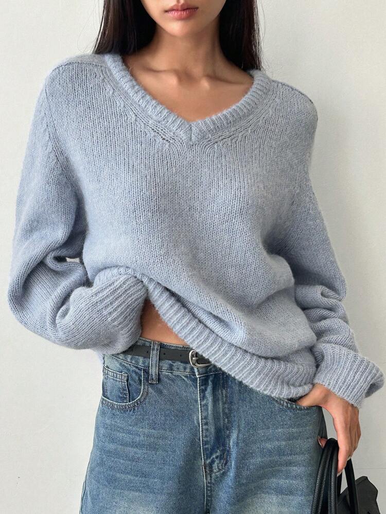 Women's Plain V-Neck Knitted Sweater, Casual For Autumn/Winter,Fall Women Clothes