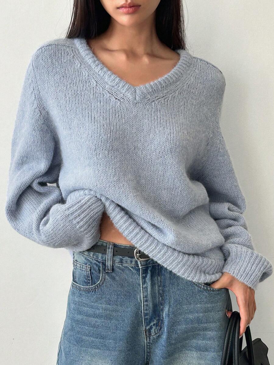 Dazy-Less Women's Plain V-Neck Knitted Sweater, Casual For Autumn/Winter,Fall Women Clothes - Blue - View 1