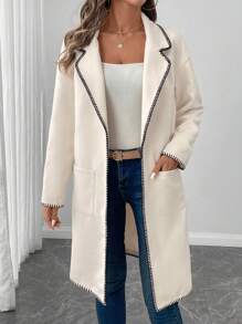 SHEIN LUNE Folding Collar Contrast Trim Ladies Casual & Work Elegant Long Coat, Warm Autumn Winter