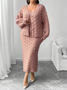 Flirla Plus Size Cable Knit V-Neck Lantern Sleeve Cardigan & V-Neck Textured Fitted Knit Bodycon Dress Set For Women - Dusty Pink - View 4