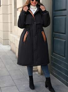 SHEIN LUNE Plus Size Winter Clothes Warm Color Block Zip-Up Drawstring Hooded Padded Padded Coat - Black - View 5