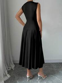 Elenzga 女士纯色前扣无袖上衣和裙子休闲套装 - 黑色 - 查看 2