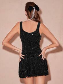 Enchnt 秋冬浪漫女式甜心性感黑色闪亮亮片方领无袖可爱迷你花蕾连衣裙，适合万圣节、感恩节和圣诞节派对黑色闪光连衣裙黑色闪光连衣裙黑色亮片连衣裙 - 黑色 - 查看 9