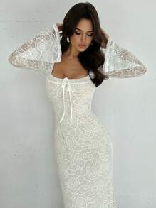 Firerie 女士心形领口喇叭袖紧身胸衣蕾丝美人鱼连衣裙，浪漫约会装，白色，秋冬 - 白色 - 查看 6