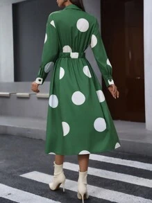 SHEIN LUNE 90s Retro Elegant Green Polka Dot Office Lady Long Dress, Autumn Christmas Women Clothes - Green - View 2