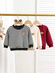 SHEIN Set de 3 sudaderas casuales con estampado de dibujos animados, de rayas negras/blancas y color caqui sólido de manga larga para niño bebé, adecuado para salidas de otoño e invierno