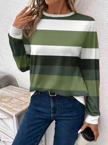 EMERY ROSE Casual Striped Patchwork Pattern Round Neck Long Sleeve Women T-Shirt, Spring & Autumn - Green - View 5