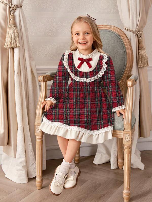 Souflis Souflis Rochie vintage drăguță, elegantă, în carouri, cu mâneci cu volane, cu dantelă albă și fundă din catifea, rochie elegantă și înapoi la școală, toamnă/iarnă