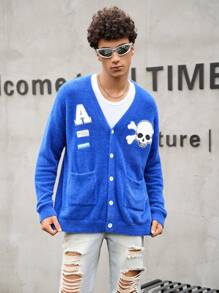 Manfinity VCAY 男女通用罗纹 V 领开衫，适合秋冬季和圣诞节 - 藍色 - 查看 5