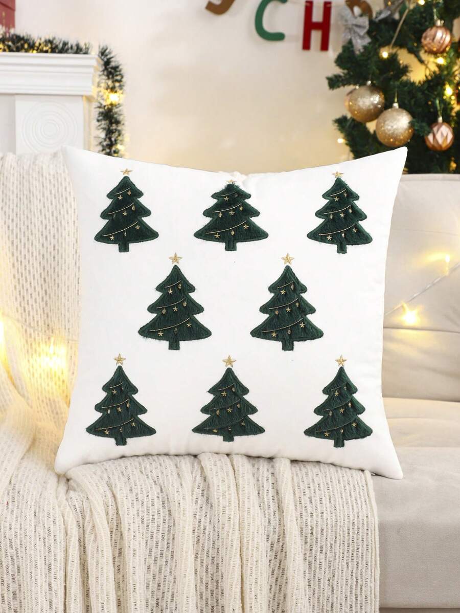 1pc Plush Christmas Tree Pillow Cover, Plush Embroidered,Fall Decor,Autumn Decor,Room Decor - White - View 1