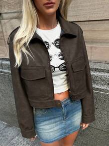 Forever 21 1 chiếc Áo khoác tay dài cổ bẻ PU thời trang giản dị hợp thời trang thu đông mới về - màu nâu - Xem 6