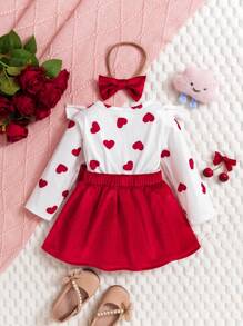Baby Girl Heart Print Ruffle Trim Bow Front Dress & Headband - Red and White - View 2