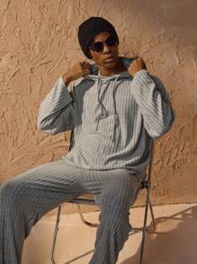 Forever 21 Men's Ribbed Knit Drop Shoulder Drawstring Hoodie & Pants Two-Piece Set