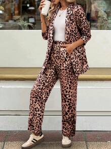 SHEIN Unity Women's Leopard Print Lapel Long Sleeve Blazer And Pants Fashion Suit Set - Khaki - View 1