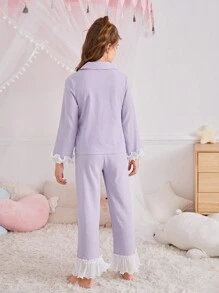 SHEIN 青少年女孩甜美简约领长袖衬衫和撞色荷叶边舒适休闲睡衣套装，2 件（单独出售） - 紫色 - 查看 2