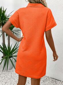 SHEIN LUNE Women's Summer Casual Minimal Button Henley Short Sleeve Polo Collar Dress - Orange - View 2