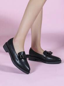 CUCCOO DOLLMOD Women's Flat Slip-On Shoes, Solid Black Pointed Toe Bowknot Mule, Academy Style All Season New Year Holiday Valentines - Graphite Black - View 1