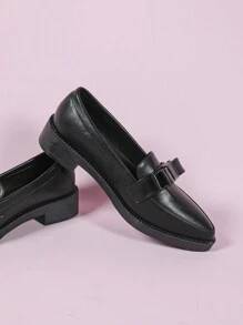 CUCCOO DOLLMOD Women's Flat Slip-On Shoes, Solid Black Pointed Toe Bowknot Mule, Academy Style All Season New Year Holiday Valentines - Graphite Black - View 4