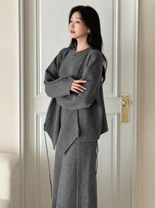 DAZY 2pcs Women's Asymmetrical Knitted Cardigan Set With Drawstring, Unique Design Gentle Style Sweater Outerwear, Autumn/Winter - Grey - View 4
