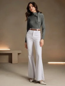 Anewsta Autumn/Winter Solid Color Elegant Bowknot Shoulder Design Women Knitted Pullover Sweater