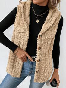 EMERY ROSE 1pc Women Apricot Textured Fringed Fuzzy Sleeveless Hooded Vest Jacket - Mocha Brown - View 1