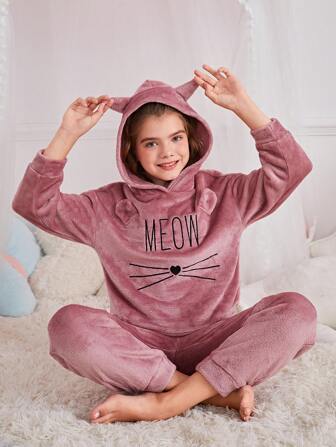 SHEIN 2pcs Tween Girl Tween Girls Cartoon Cat & Letter Print Embroidery Hooded Sweatshirt And Plush Fleece Pants Soft Comfortable Pajama Set, Autumn/Winter