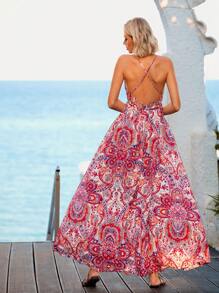 Vivid Eden Paisley Print Criss Cross Backless Cami Dress,Summer Clothing,Vacation Style,For Beach Vacation