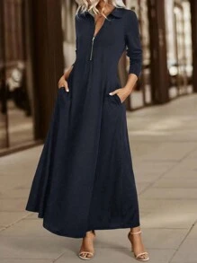 EMERY ROSE Women's Autumn Long Sleeve Long Dress With Turndown Collar, Can Be Worn As Layering Maxi Women Outfit Fall Cloth For Women - Navy Blue - View 3