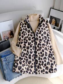 SHEIN Clasi Women Leopard Print Stand Collar Pocketed Quilted Zip-Up Vest, Winter Women Coat - Multicolor - View 6