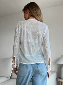 SHEIN Essnce Women's Sequin Bowknot Long Sleeve Blouse, Long Sleeve Shirt, Thanksgiving,Christmas, White,Silver-White Color, Christmas Party Top - Silver - View 2