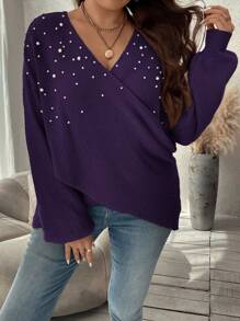 SHEIN Clasi Plus Size V-Neck Faux Pearl Decor Casual Pullover Sweater, Long Sleeve