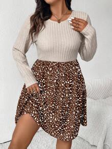 SHEIN Frenchy 大码女式碎花拼布圆领长袖休闲连衣裙，秋季，针织连衣裙，杏色连衣裙，度假连衣裙