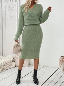 SHEIN Clasi Vestido de punto de manga larga con frente y espalda cruzados, casual para mujer en otoño/invierno - Verde - Ver 5