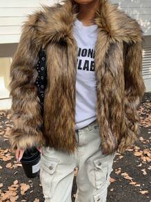 SHEIN EZwear Ladies Winter Front Open Short Fluffy Jacket - Rust Brown - View 6