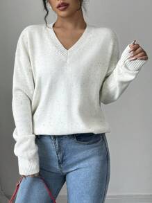 Chiquease Suéter holgado de cuello en V casual para mujer, adecuado para otoño/invierno