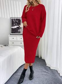SHEIN Clasi 2 件套：长袖纯色毛衣和铅笔裙，休闲装秋冬季新年服装 - 紅色 - 查看 4