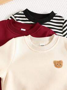 SHEIN Set de 3 sudaderas casuales con estampado de dibujos animados, de rayas negras/blancas y color caqui sólido de manga larga para niño bebé, adecuado para salidas de otoño e invierno
