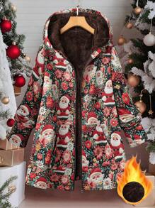 Christmas Plus Size Santa Claus Print Thermal Lined Zipper-Up Hooded Sweatshirt For Autumn/Winter